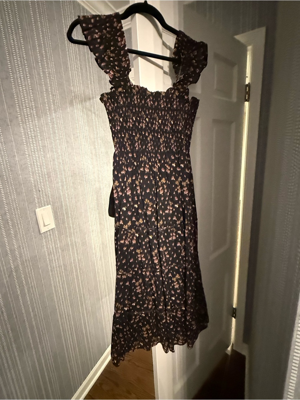 Hill House Medium Black Floral Midi Dress with Ruffled Straps, matching girls 5T